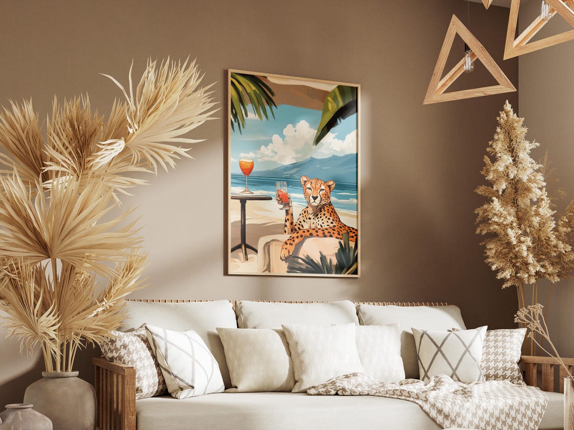 Elegant Cheetah Relaxing on a Beach Daybed With Wine Glass Poster - Image 3