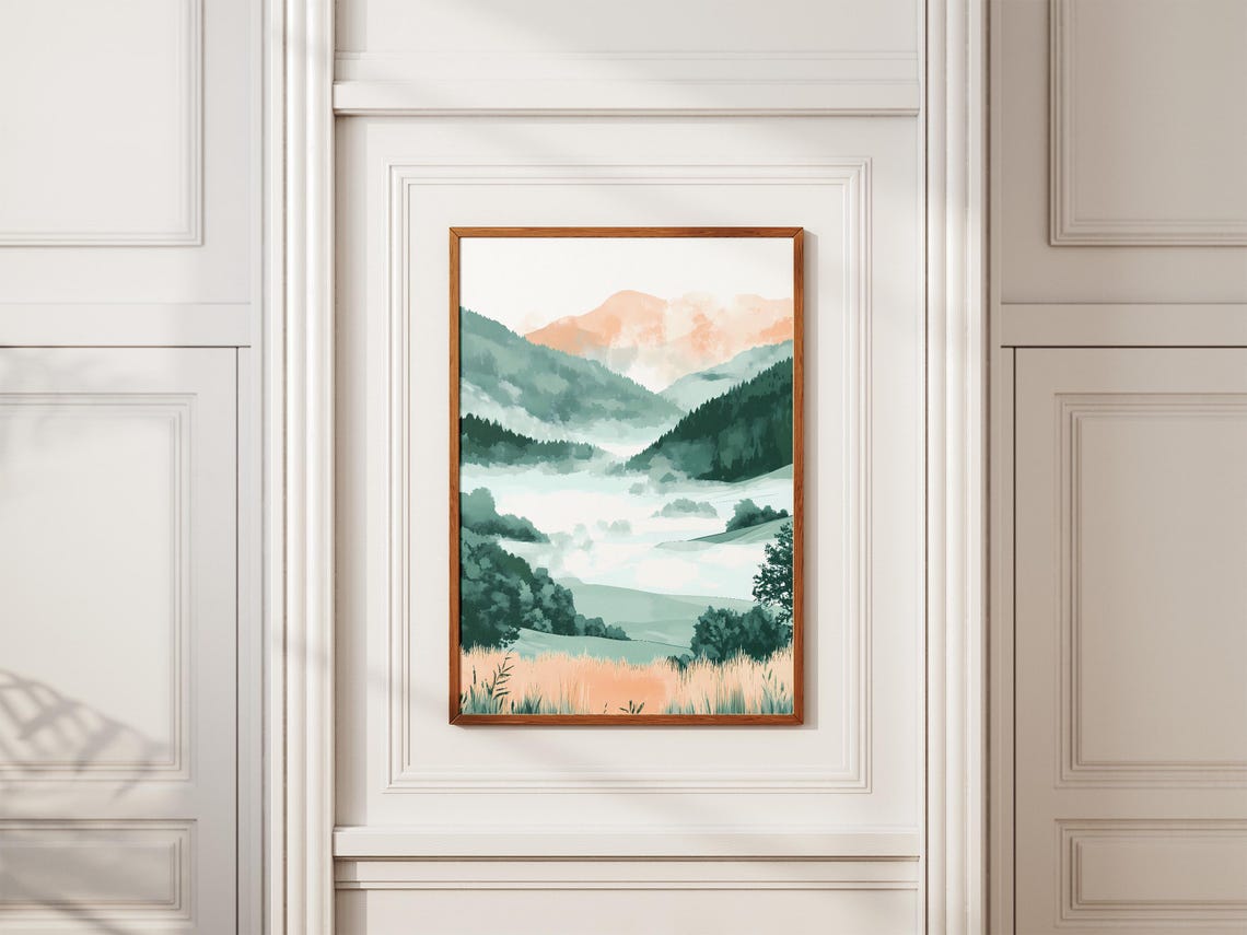 Misty Mountain Valley At Dawn Soft Watercolor Landscape Poster - Image 2