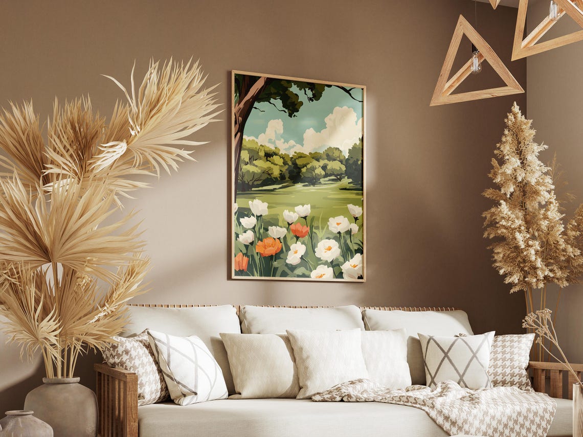 Sunny Forest Meadow With White And Orange Tulips Under Tree Poster - Image 3