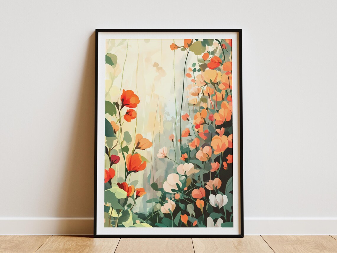 Orange Sweet Pea Blossoms Climbing a Garden Trellis Art Poster