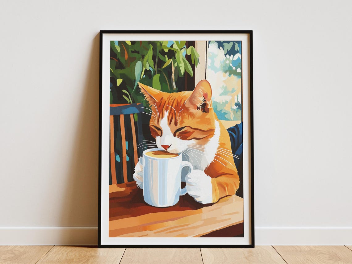 Orange Tabby Cat Drinking Coffee Sunny Cafe Table Art Poster