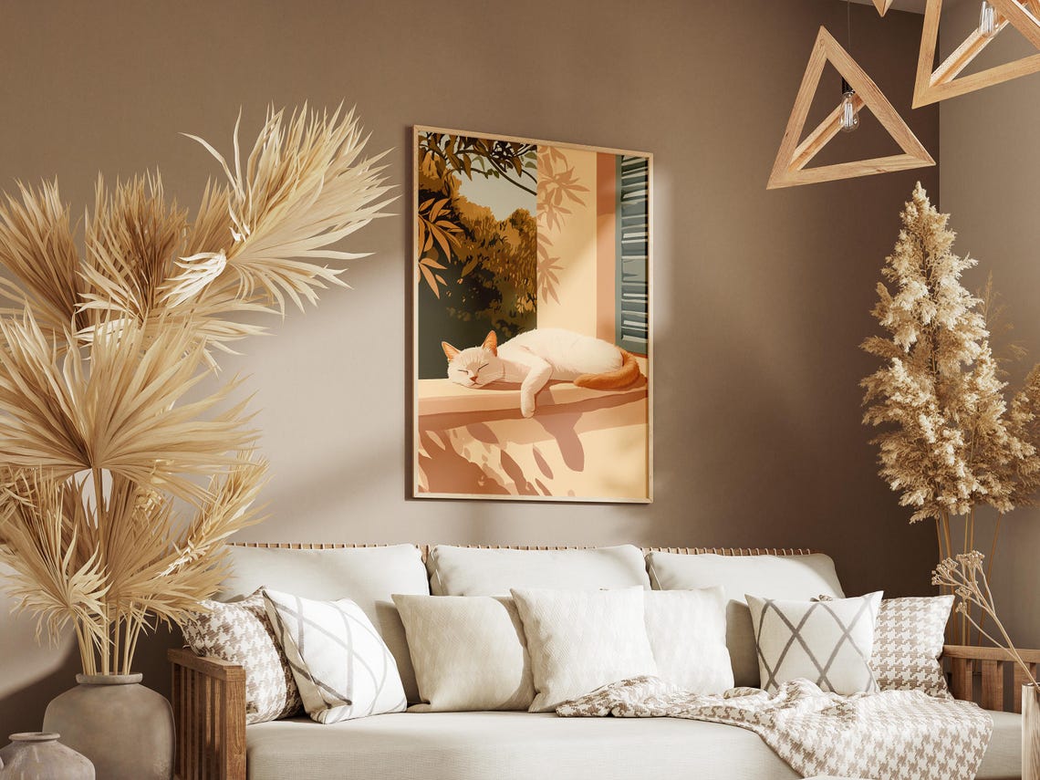 White Cat With Ginger Tail Sunbathing On Sunny Terrace Poster - Image 3