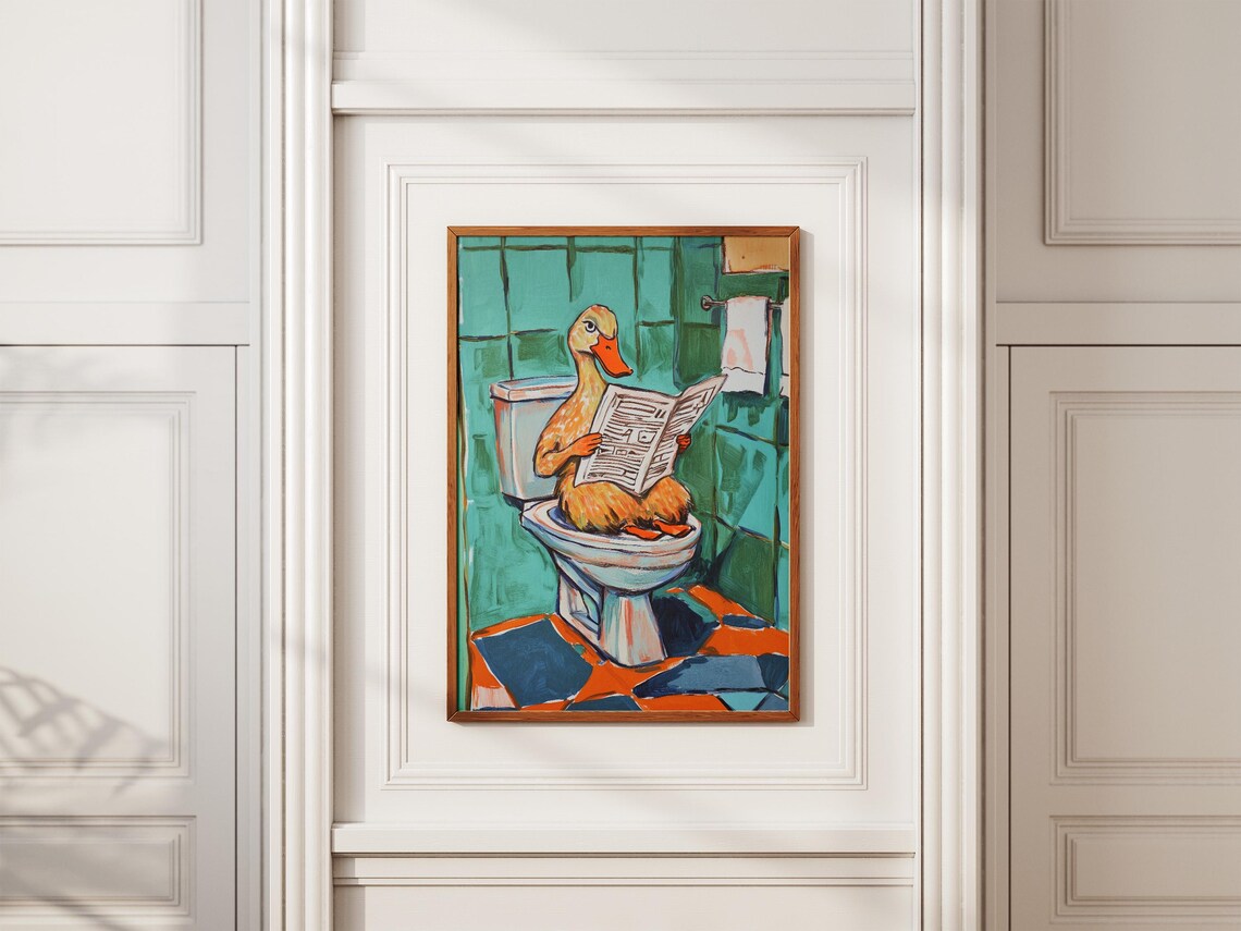 Duck on Toilet Reading Newspaper Teal Bathroom Funny Animal Poster - Image 2