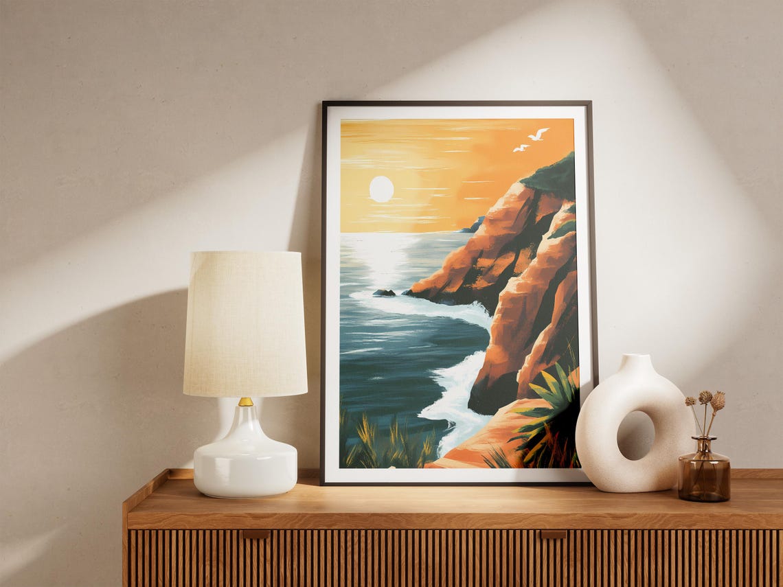 Golden Sunset Over Rocky Coastal Cliffs Ocean Landscape Poster - Image 5