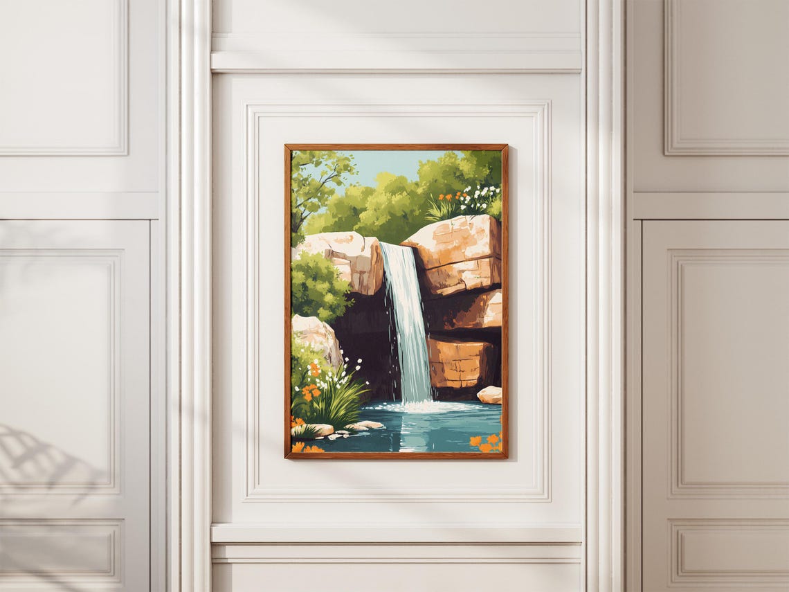 Rocky Waterfall Flowing Over Cliffs Ringed With Wildflowers Poster - Image 2