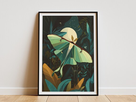 Luna Moth in Dark Jungle Moonlight Tropical Night Insect Art Poster