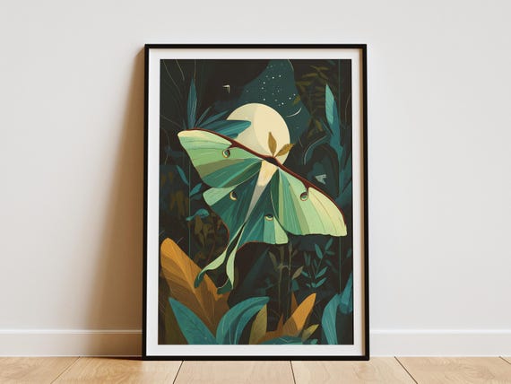 Luna Moth Moonlight Poster Botanical Wall Art Print Vintage Style Travel Midcentury Modern Nature Illustration Green Home Decor
