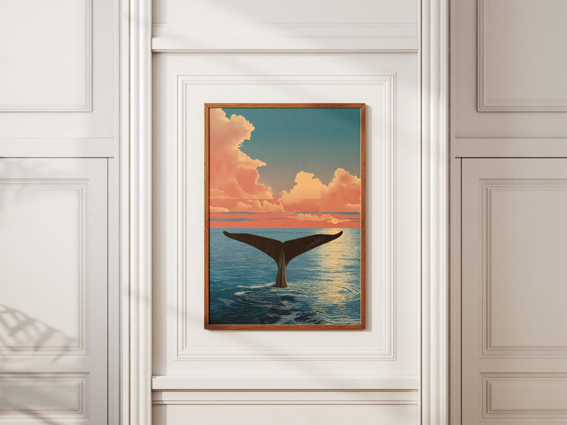 Whale Tail Sunset Dive Calm Ocean Golden Sky Marine Art Poster - Image 2