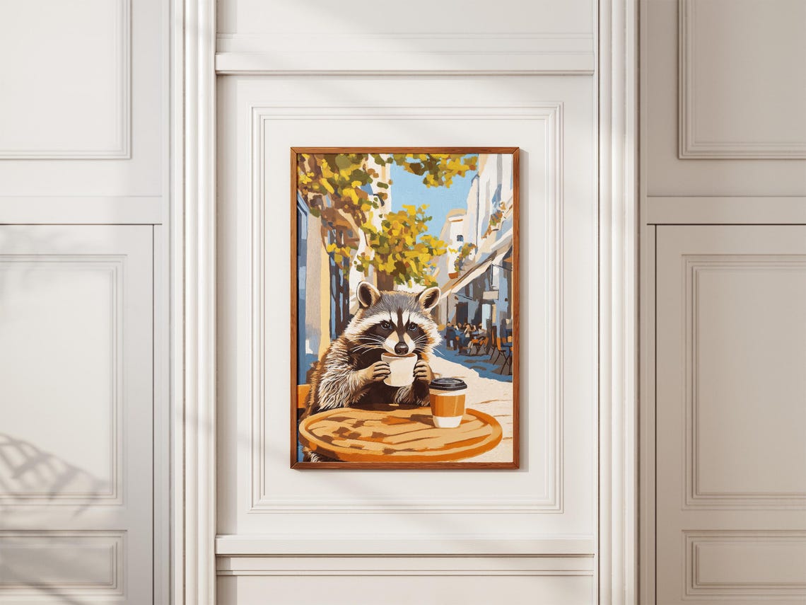 Raccoon Drinking Coffee at Outdoor Street Cafe Table Art Poster - Image 2