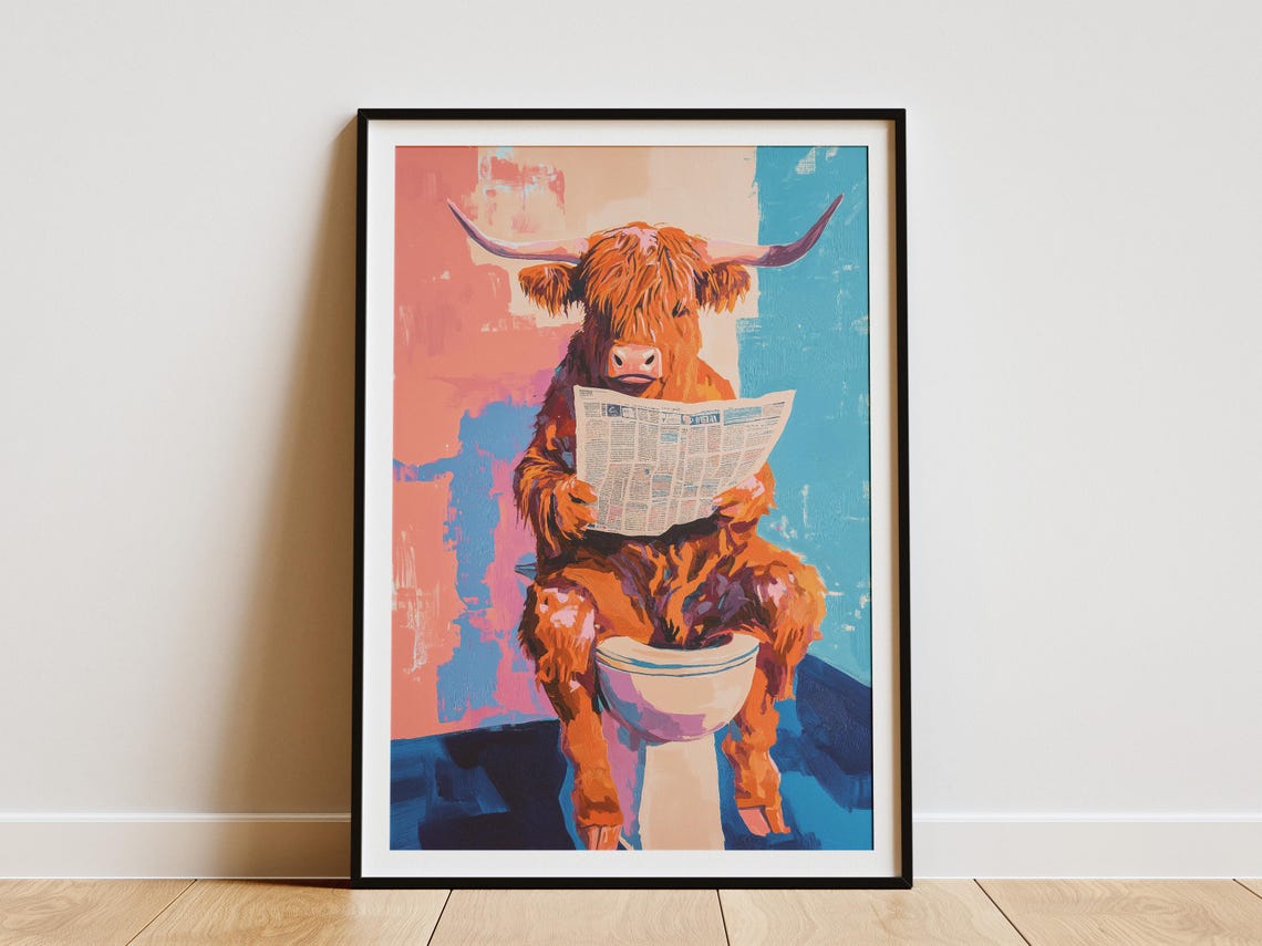 Highland Cow Reading Newspaper On Toilet Painterly Bathroom Poster