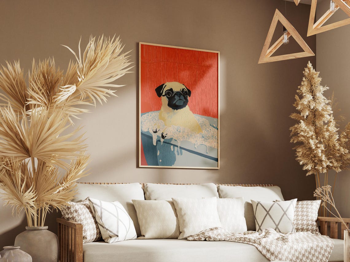 Pug Puppy Bubble Bath Bold Red Retro Illustration Art Poster - Image 3