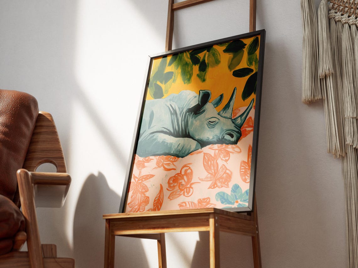 Rhino Sleeping on Floral Bed Yellow Leaves Matisse Style Poster - Image 3