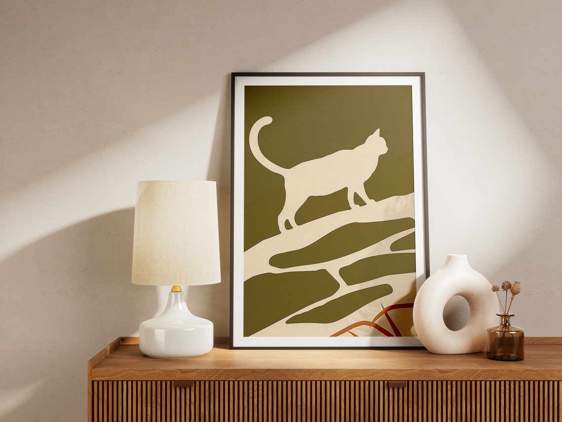 Minimalist Cat Silhouette Olive Green Abstract Modern Pet Art Print - Image 2