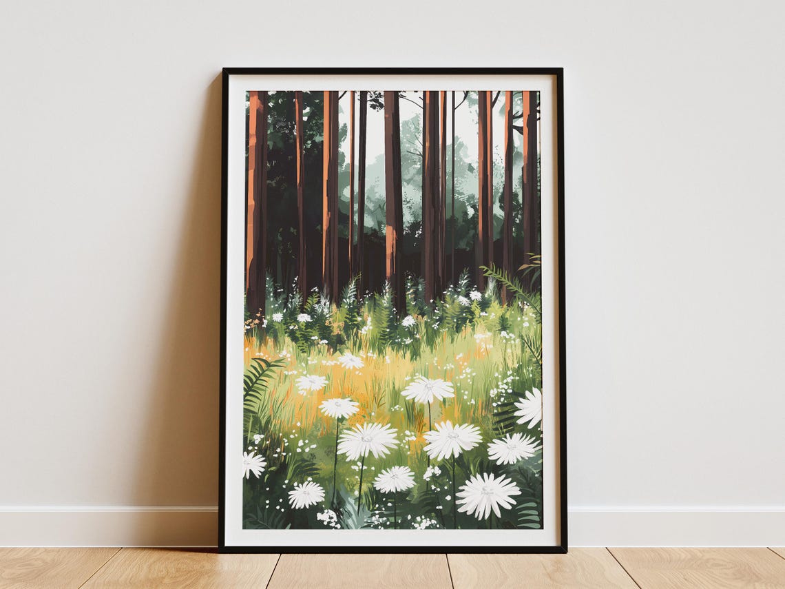 White Daisies In Meadow Under Tall Dark Pine Trees Art Poster