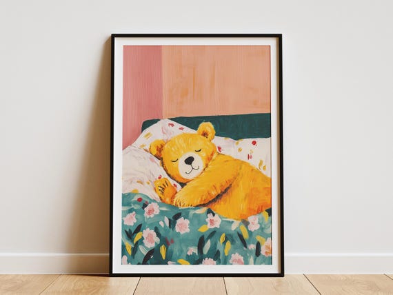 Matisse Style Gouache Painting Of Sleeping Bear In Bed Cozy Animal Wall Art Print Nursery Decor Abstract Bedroom Artwork Cute