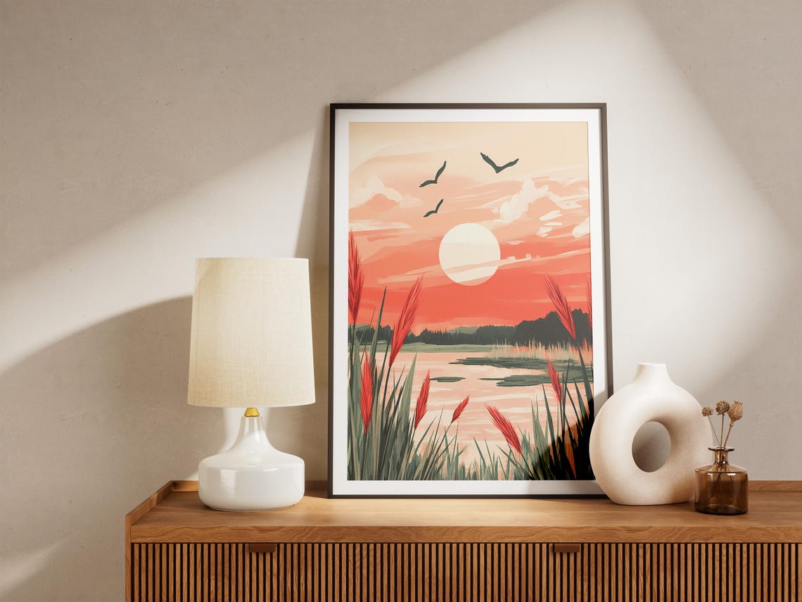 Coral Sunset Over Calm Lake With Reeds And Birds Landscape Poster - Image 5