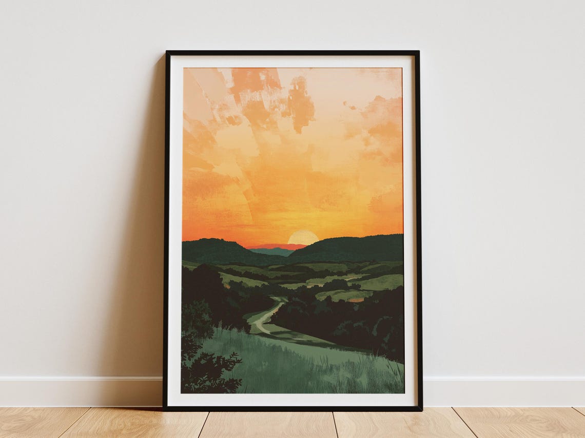 Orange Sunset Over Rolling Green Hills And Country Road Poster