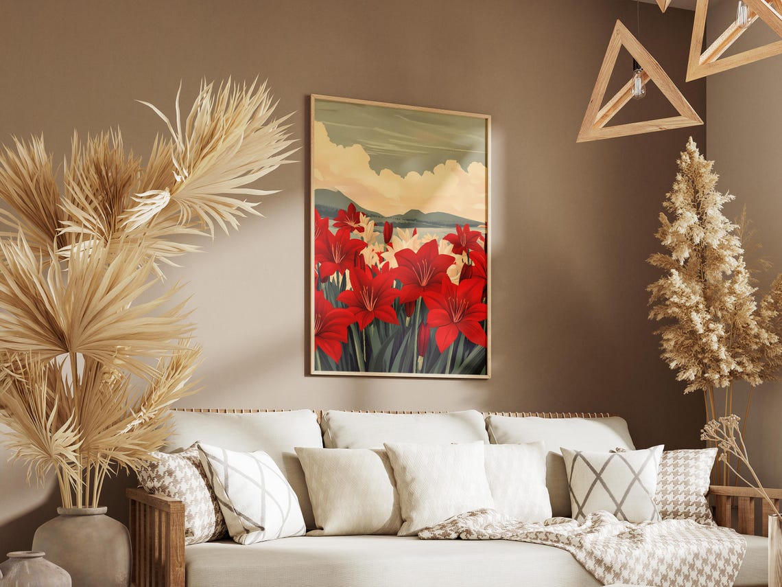 Red Amaryllis Flowers Dramatic Sky Field Illustration Poster - Image 3