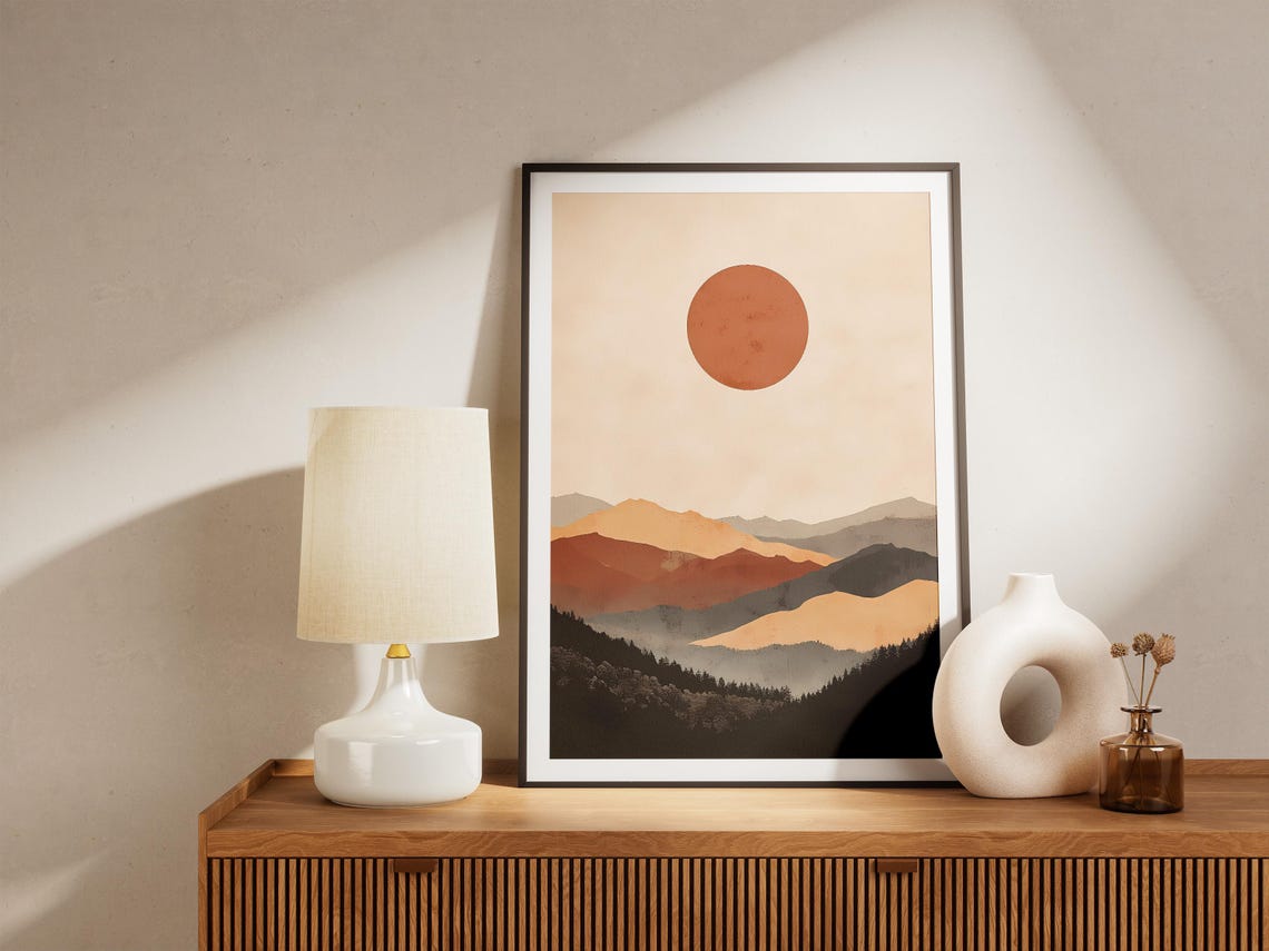 Abstract Terracotta Mountain Layers Under A Red Sun Wall Art - Image 5