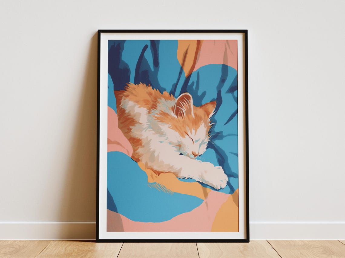 Adorable Sleeping Ginger Kitten Blue Blanket Abstract Art Poster