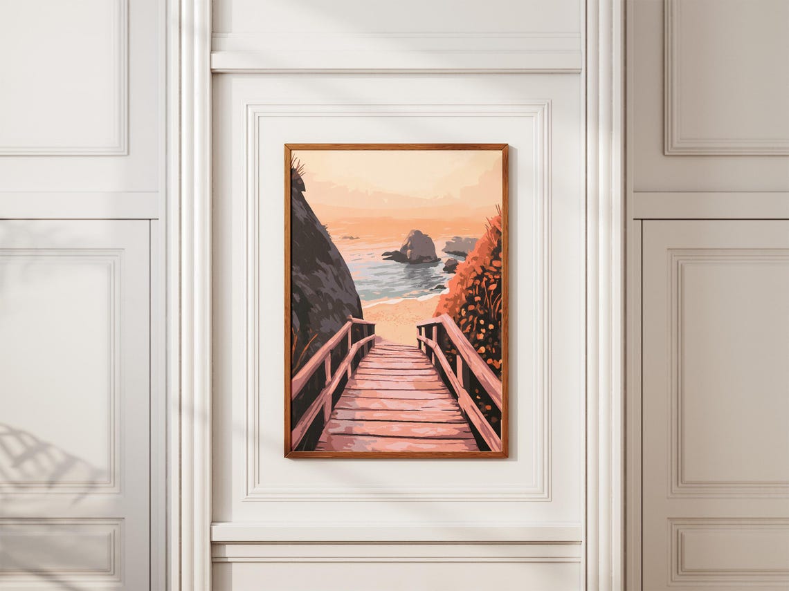 Pink Sunset Wooden Boardwalk Stairway Down to the Ocean Poster - Image 2