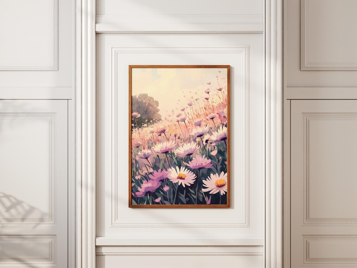 Pink Daisy Meadow At Sunrise Soft Impressionistic Floral Poster - Image 2
