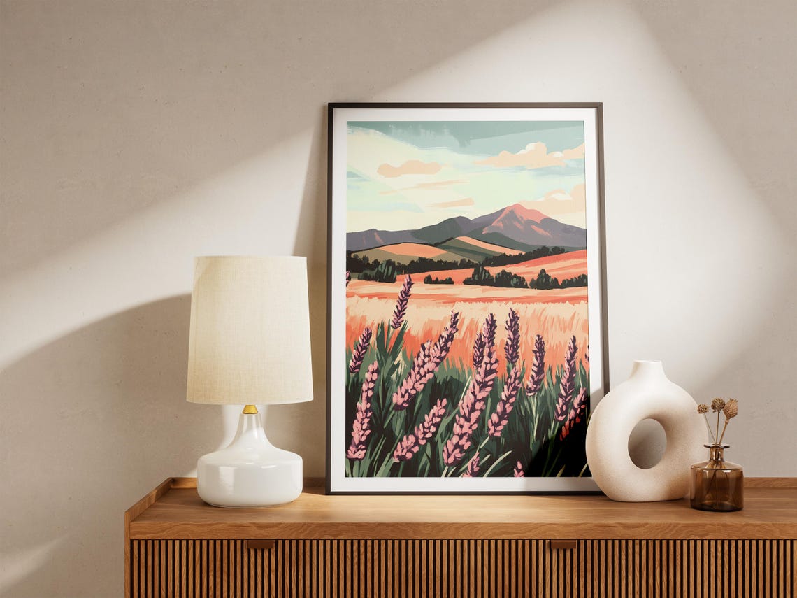 Lavender Field Golden Wheat Hills Mountain Landscape Scenic Poster - Image 5