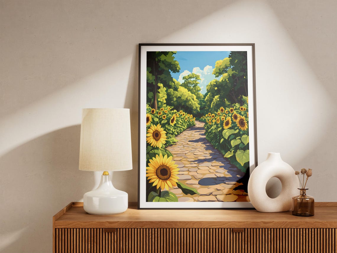 Sunflower Path Cobblestone Garden Summer Illustration Poster - Image 5