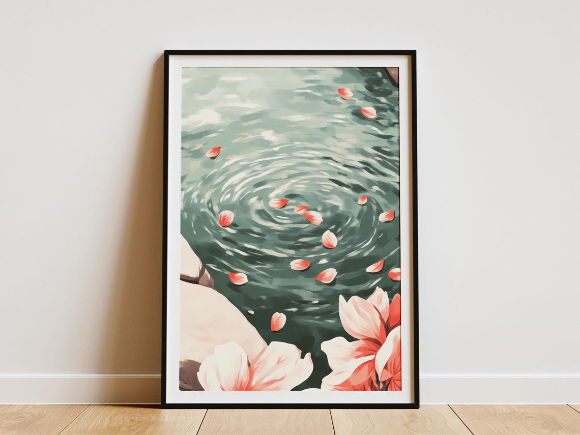 Cherry Blossom Petals Floating on Water Ripple Serene Floral Poster