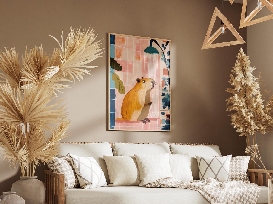 Blissful Capybara Enjoying a Warm Shower in a Tiled Bathroom Poster - Image 3