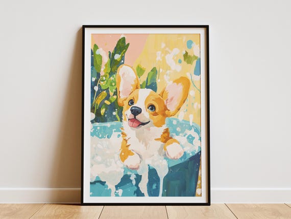 Corgi Puppy In Bathtub Poster Print Cute Dog Wall Art Pet Portrait Lover Gift Bathroom Decor Playful Animal