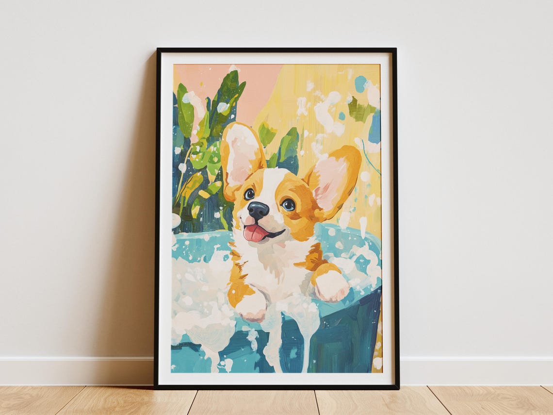 Corgi Puppy Foamy Bath Watercolor Style Cute Pet Bathroom Poster