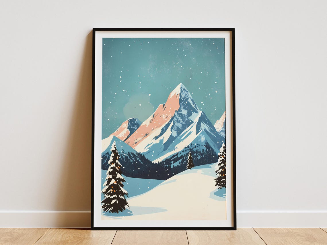 Snowy Mountain Peak With Pink Alpenglow Teal Starry Sky Poster