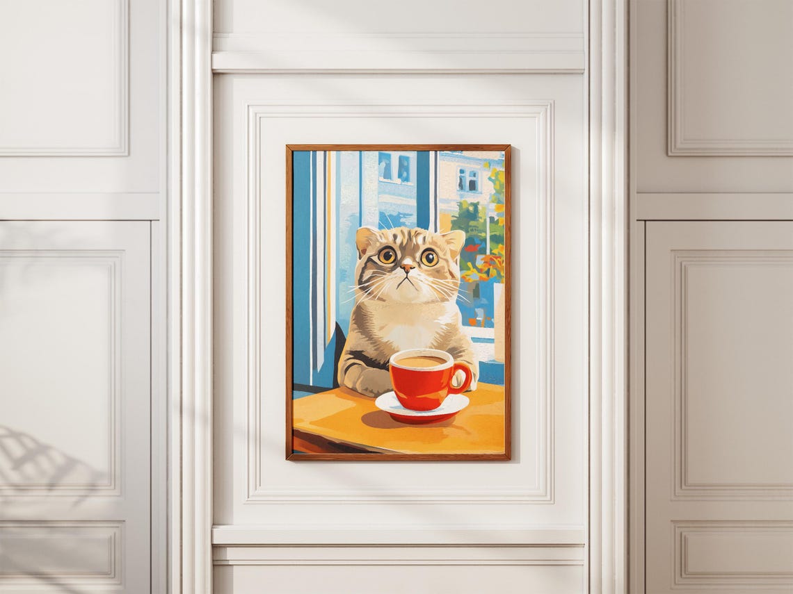 Scottish Fold Cat Drinking Coffee Cozy Cafe Table Art Poster - Image 2