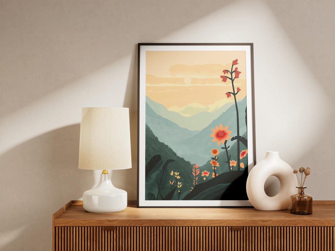 Sikkim Himalayan Misty Mountains Orange Bloom Valley Travel Poster - Image 5