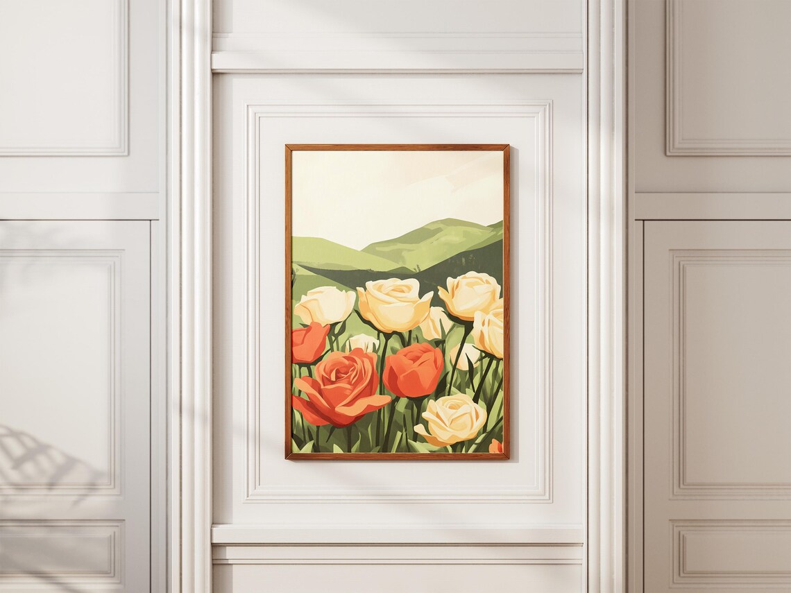 Orange And Cream Roses Over Green Hills Floral Artwork Poster - Image 2
