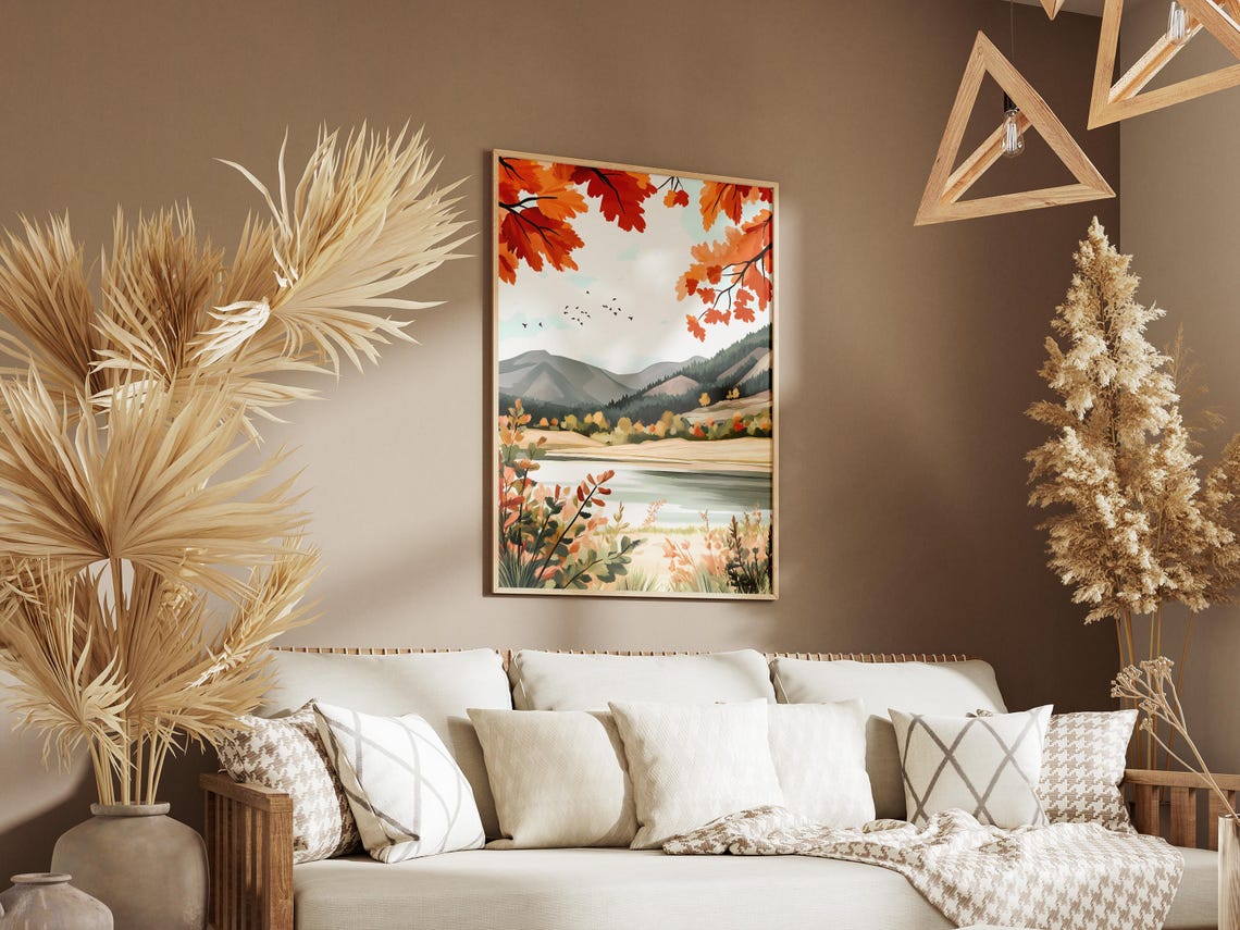 Autumn Mountain Lake with Maple Trees and Flying Birds Poster - Image 3