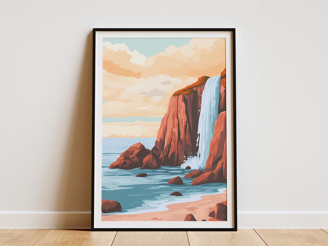 Coastal Waterfall Into Ocean Red Rock Cliff Illustration Poster