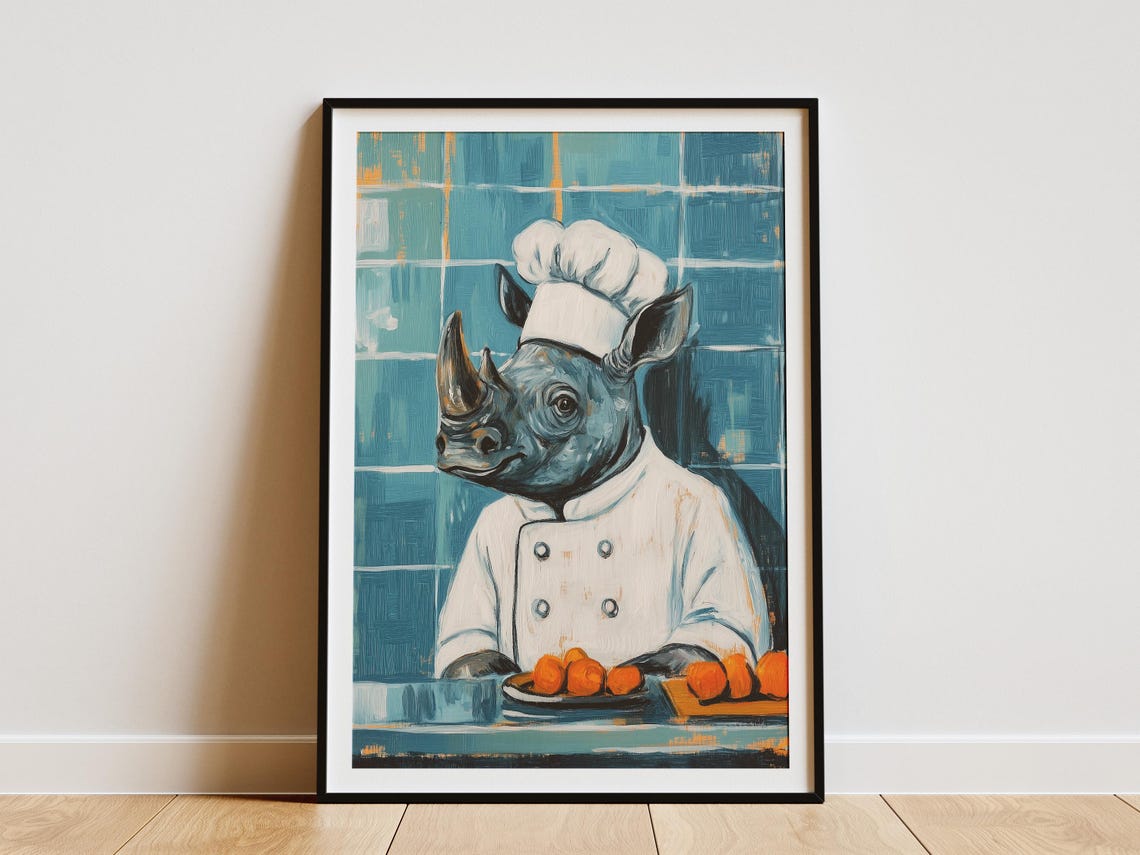 Rhino Chef Print Kitchen Wall Art Funny Animal Poster Culinary Whimsical Decor Gift Quirky