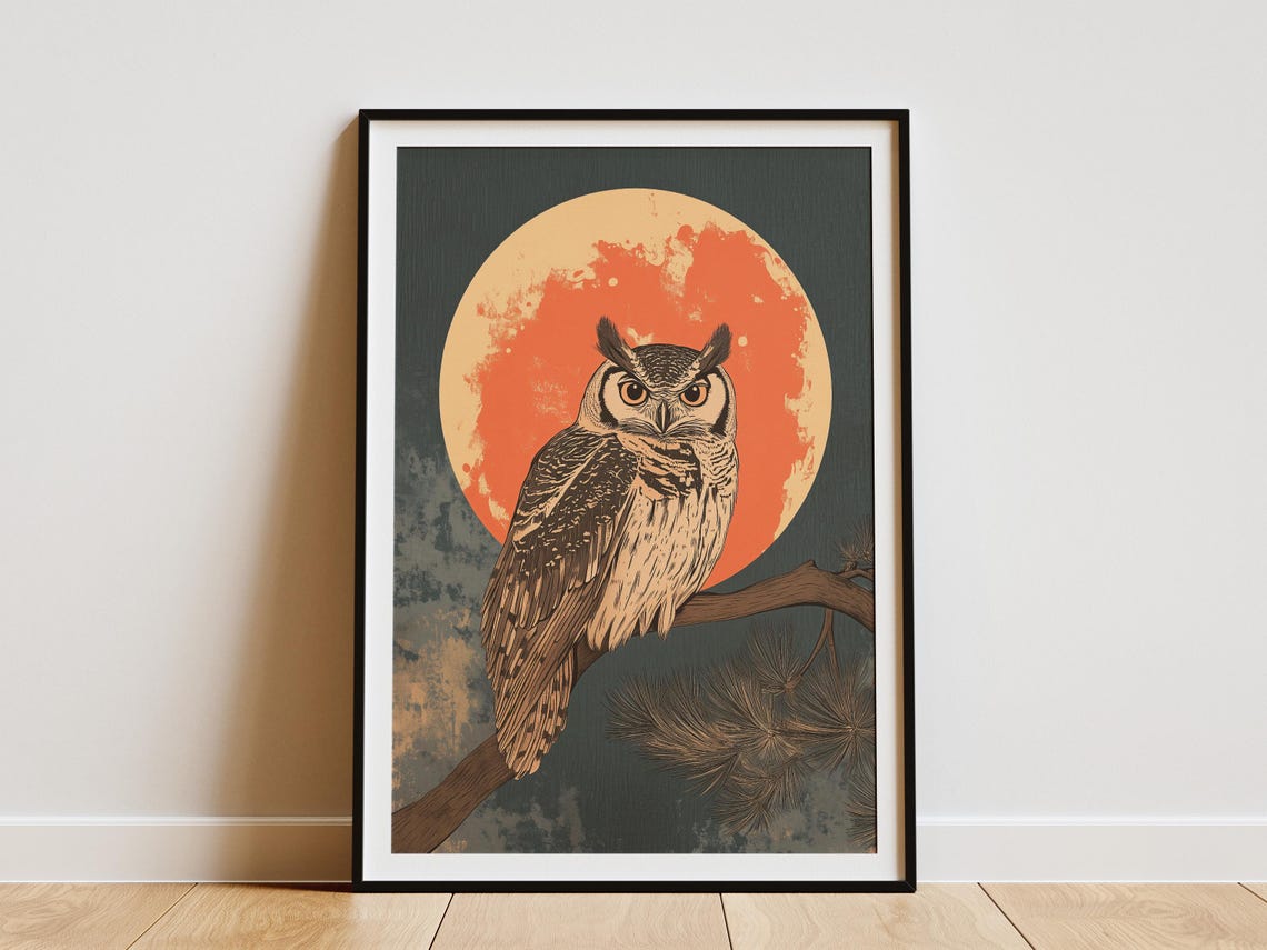 Owl Perched on a Pine Branch Beneath Large Orange Moon Poster