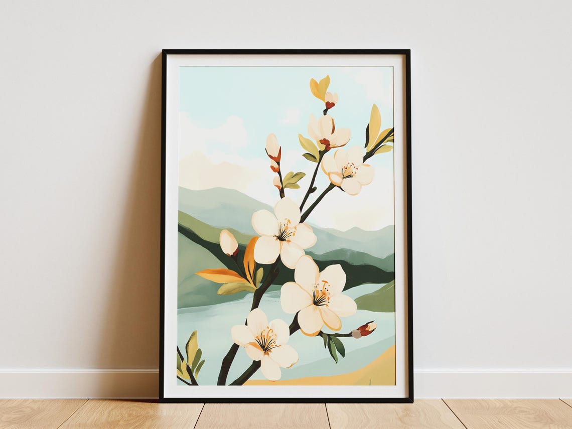 Spring Plum Blossom Branch With White Flowers And Green Hills Poster