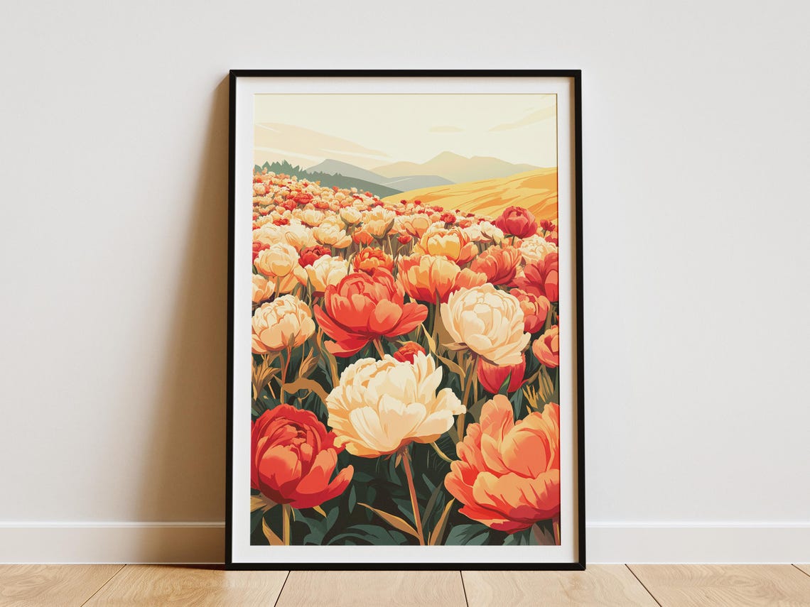 Red Coral Peony Flower Field at Sunrise Rolling Hills Art Poster