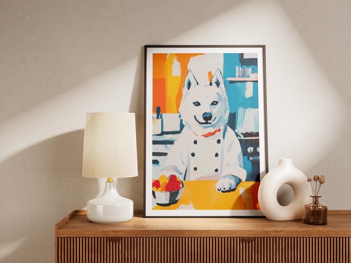 Smiling White Dog Chef In Kitchen With Bowl Of Fresh Fruit Poster - Image 4