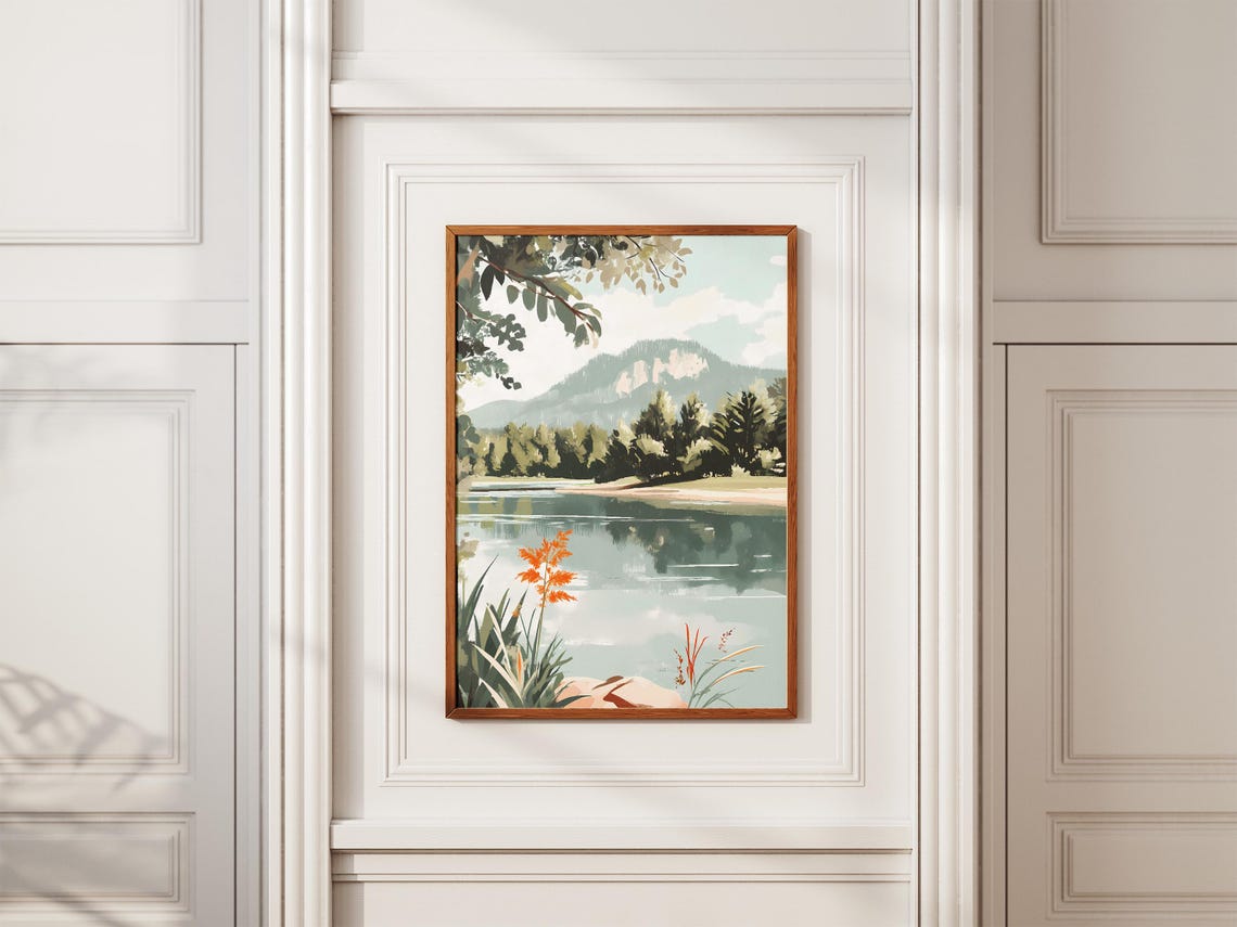 Calm Green River Flowing Past Bright Orange Wildflowers Poster - Image 2