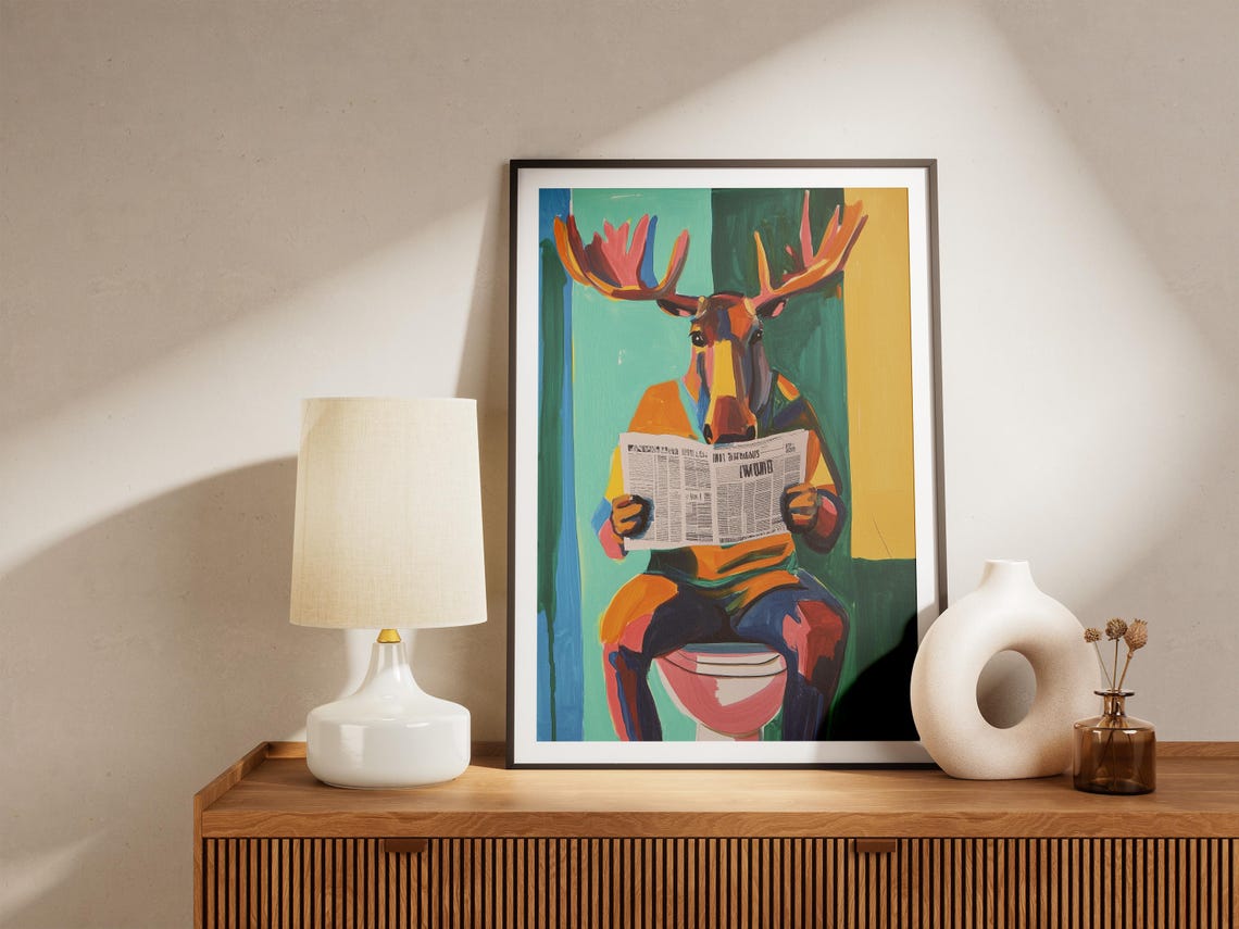Colorful Moose Reading Newspaper On Toilet Whimsical Bathroom Poster - Image 5
