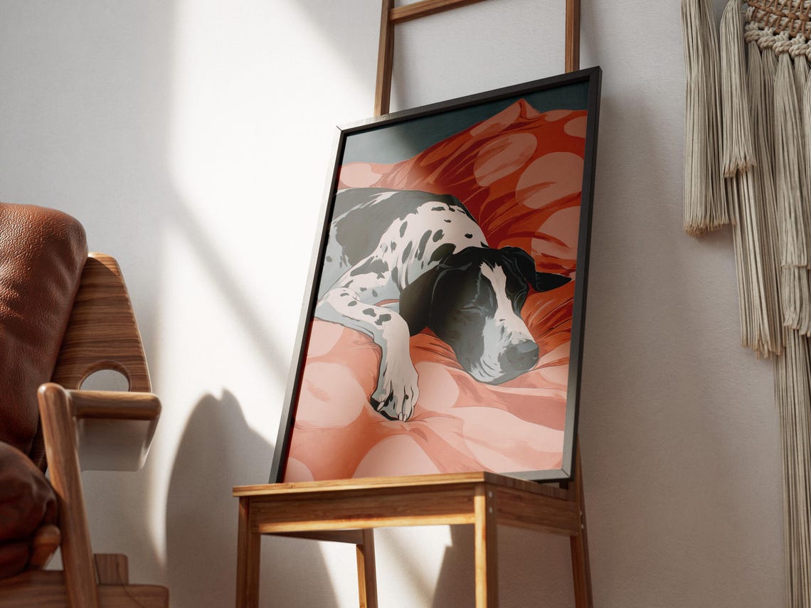 Great Dane Sleeping on Coral Bedding Modern Colorful Dog Poster - Image 3