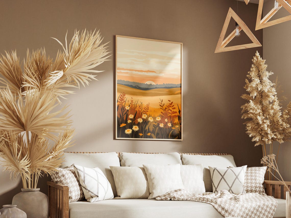 Sunrise Daisy Meadow Rolling Amber Hills Soft Landscape Poster - Image 3