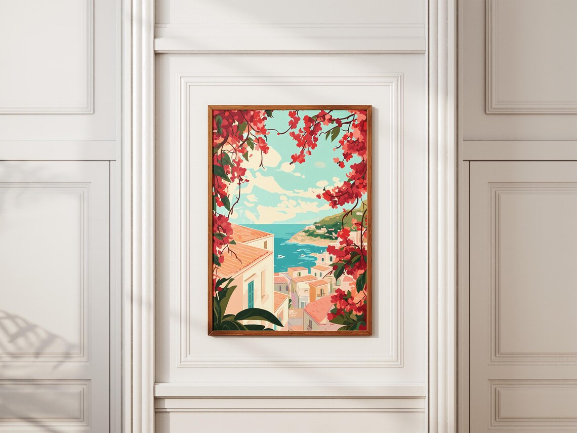 Mediterranean Coastal Town Print Italian Seaside Village Poster Pink Flower Art Bougainvillea Decor Summer Vacation Print Travel Poster - Image 2