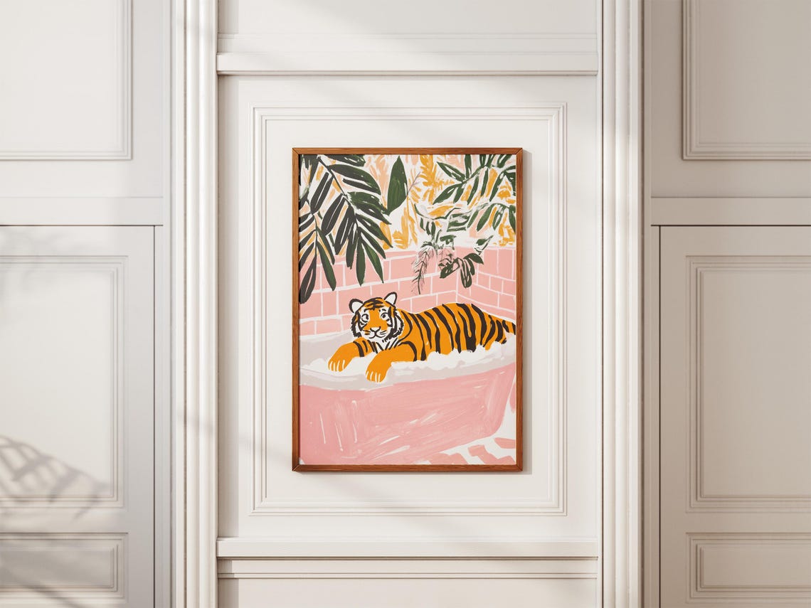 Tiger Lounging in Pink Bubble Bath Tropical Leaf Bathroom Poster - Image 2