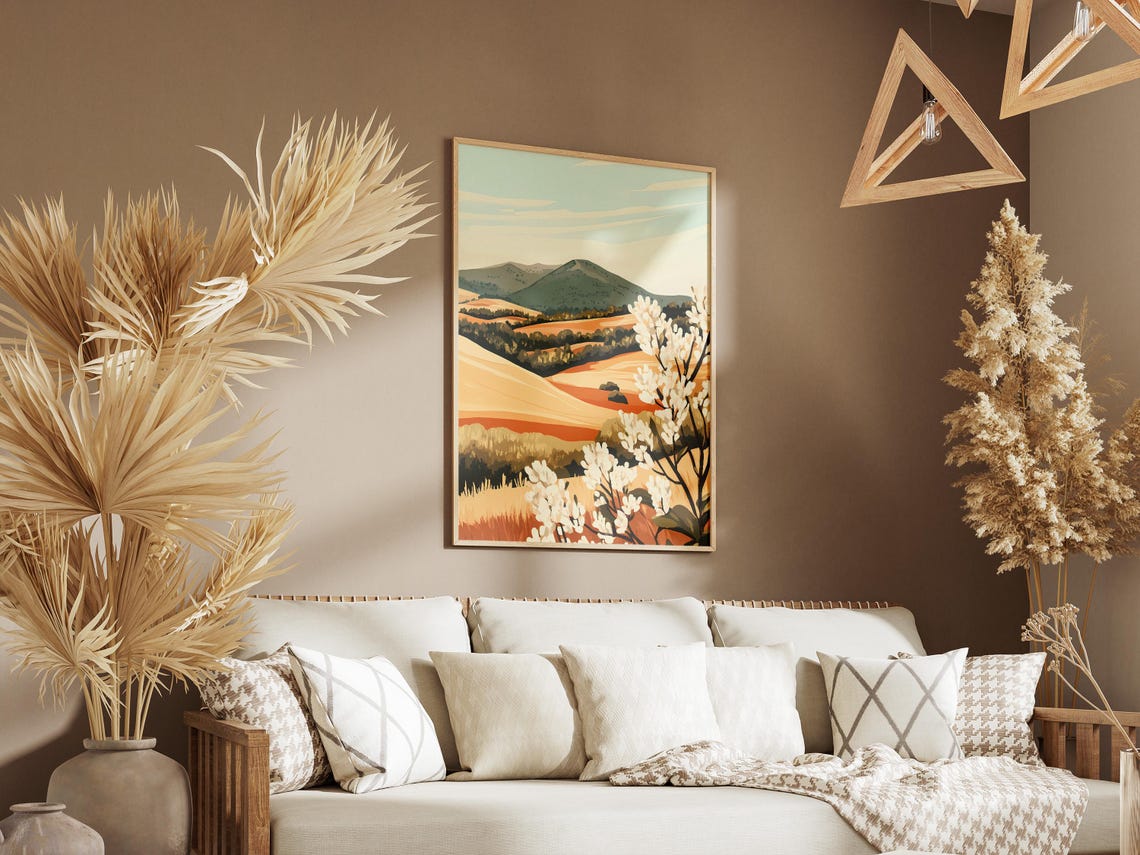 Golden Grain Hills With White Blossom Branches Pastoral Poster - Image 3